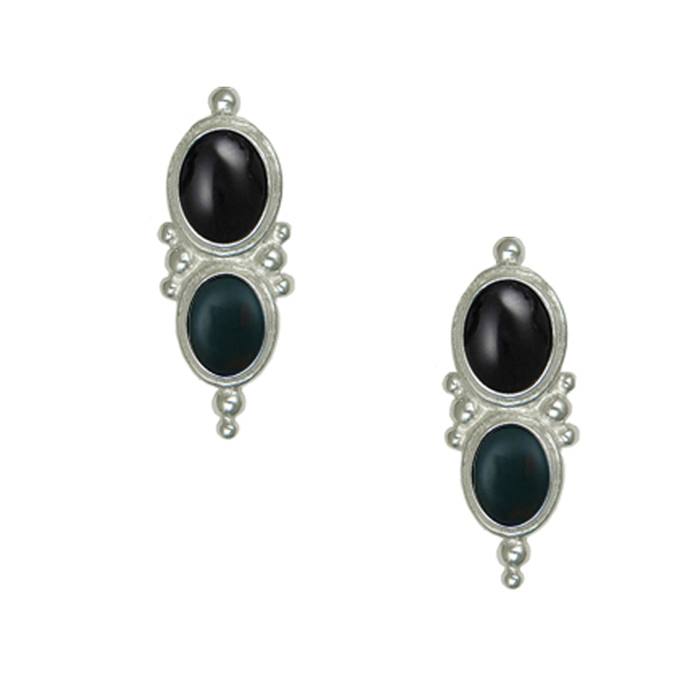 Sterling Silver Drop Dangle Earrings With Black Onyx And Bloodstone